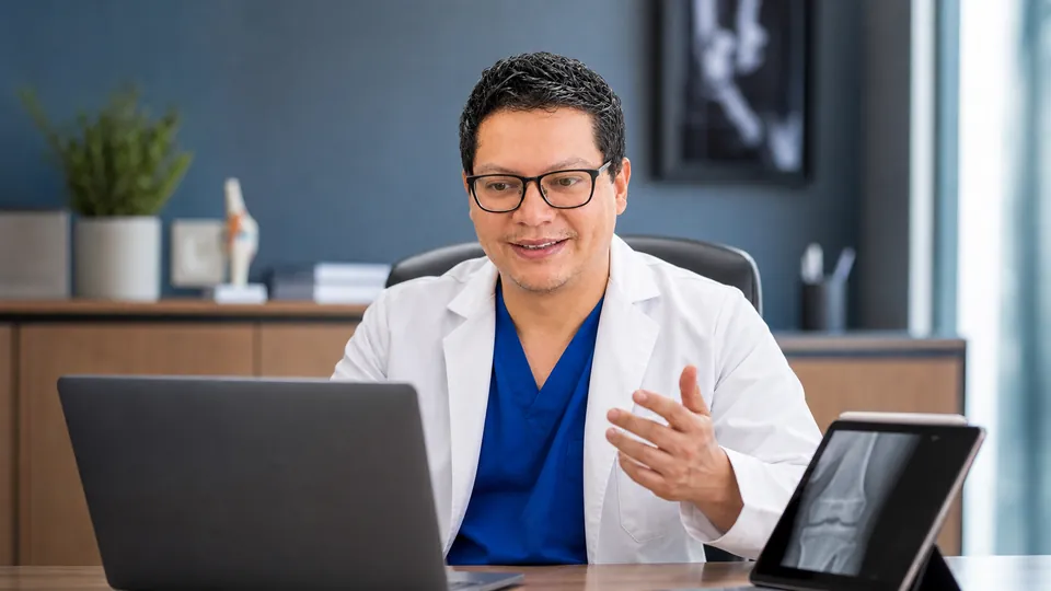 Dr. Eduardo Escutia durante una consulta en línea de ortopedia pediátrica en Ciudad de México
