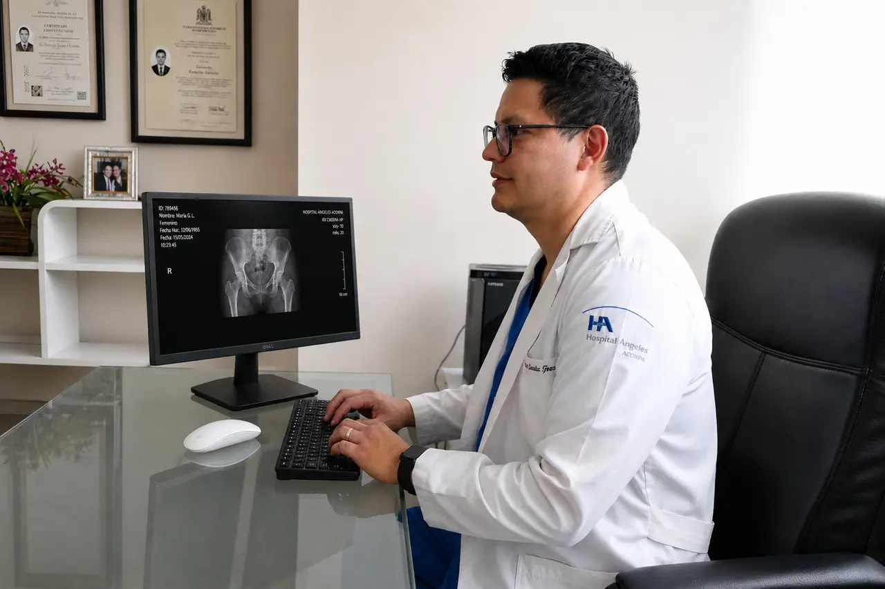 Dr. Eduardo Escutia Treviño, ortopedista pediatra, revisando una radiografía de cadera en su consultorio del Hospital Ángeles Acoxpa en Coapa, Ciudad de México