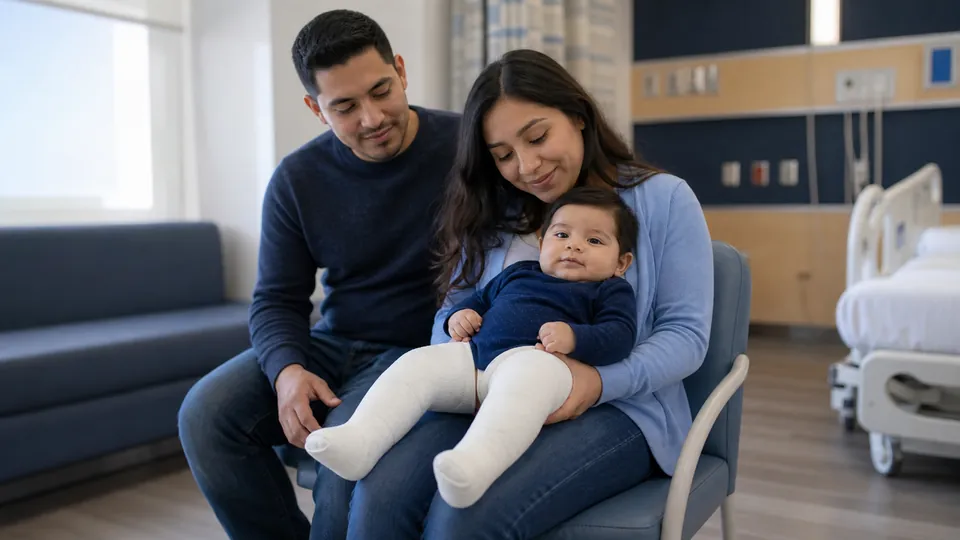 Bebé acompañado por sus padres durante el tratamiento con yesos del Método Ponseti